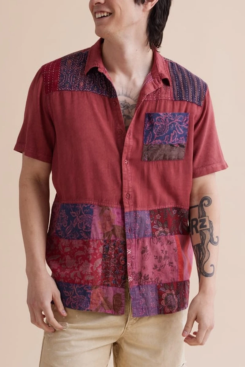 Buy Red Overdyed Patchwork Camp Shirt Online at Earthbound Trading