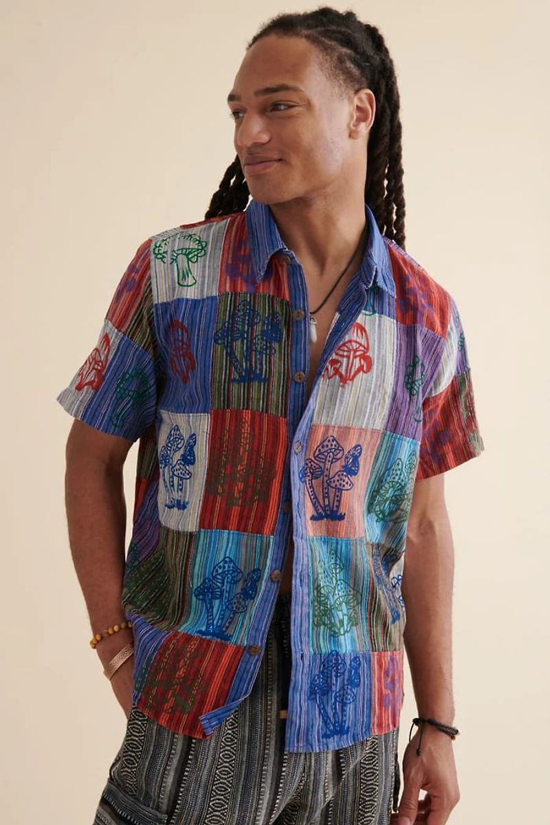 Buy Rainbow Mushroom Stamp Patchwork Camp Shirt Online at Earthbound Trading