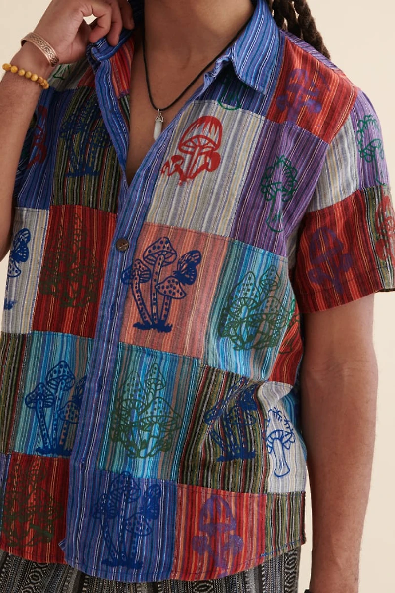 Buy Rainbow Mushroom Stamp Patchwork Camp Shirt Online at Earthbound Trading