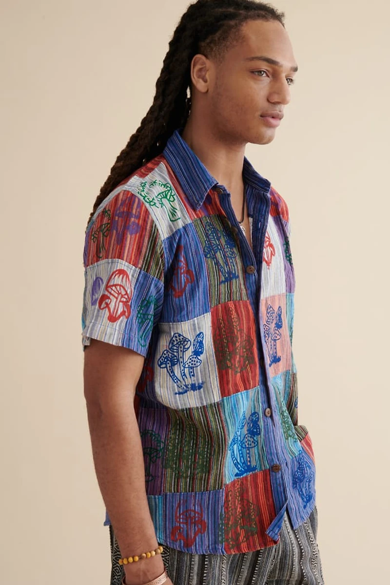 Buy Rainbow Mushroom Stamp Patchwork Camp Shirt Online at Earthbound Trading