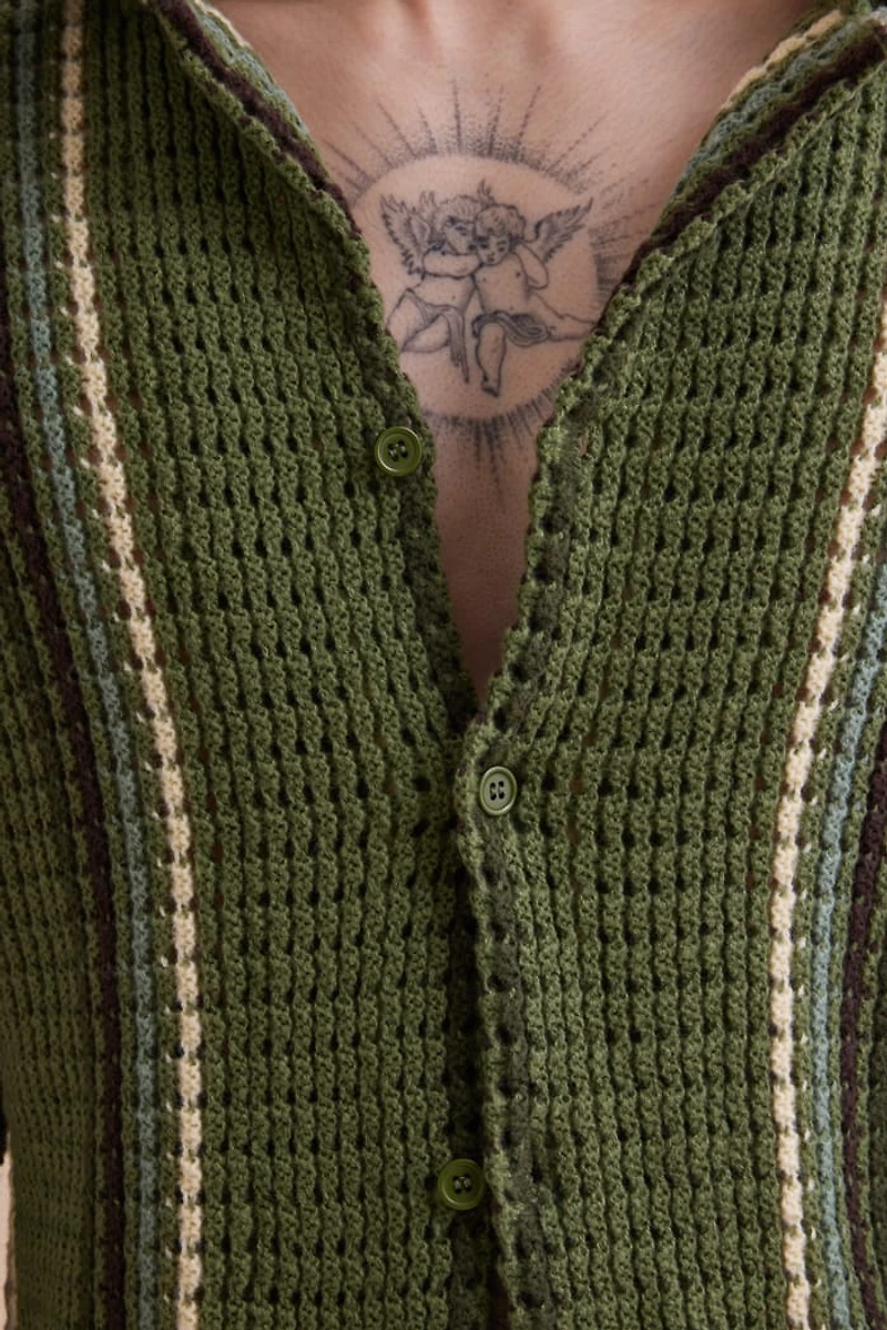 Buy Olive Striped Crochet Long Sleeve Shirt Online at Earthbound Trading