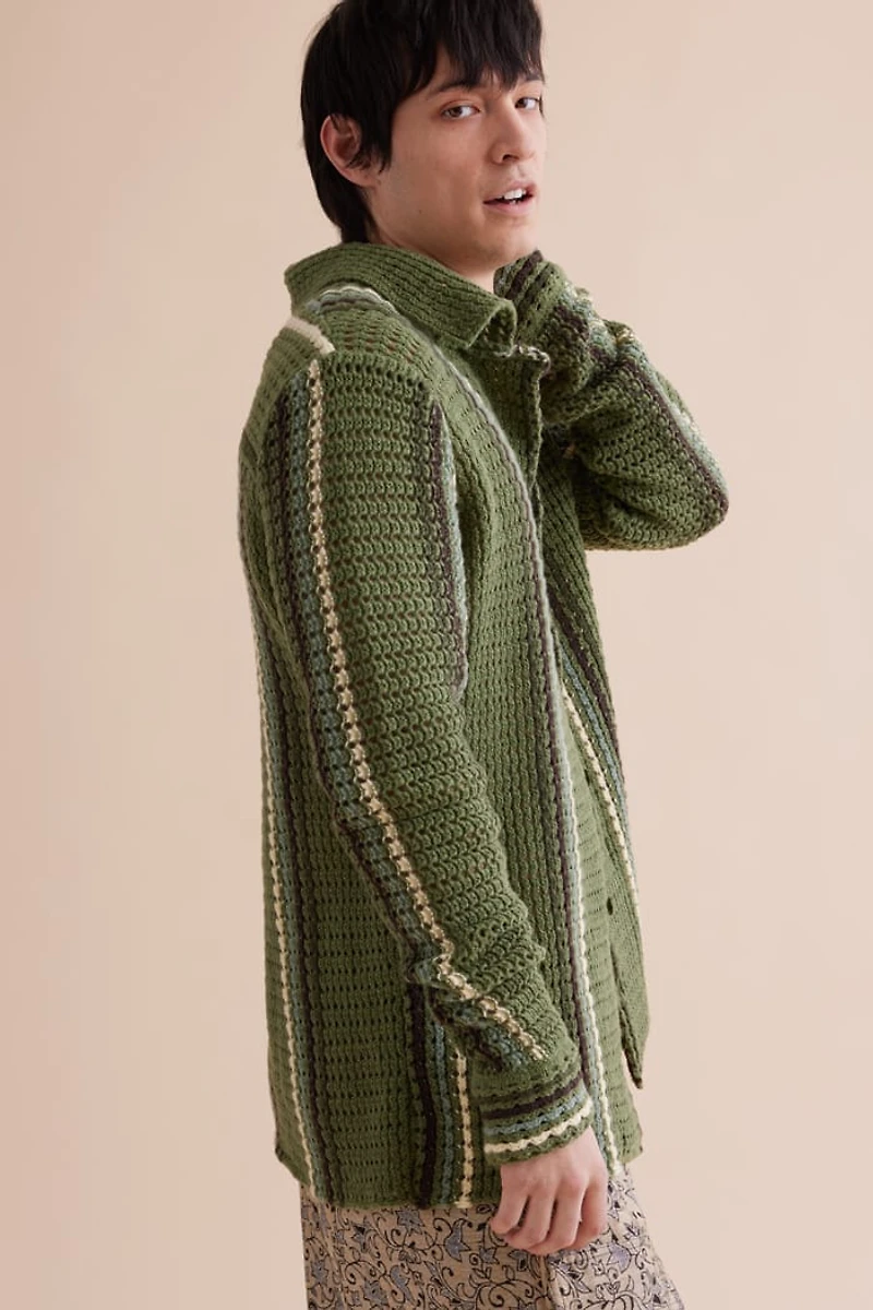 Buy Olive Striped Crochet Long Sleeve Shirt Online at Earthbound Trading