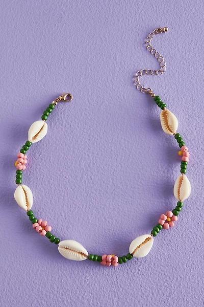 Cowrie Shell Pink Flower Bead Choker Necklace