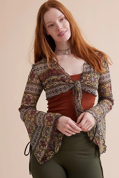 Floral Front Tie Sheer Mesh Shrug