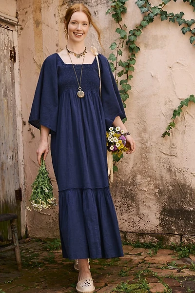 Navy Blue Shirred Maxi Dress