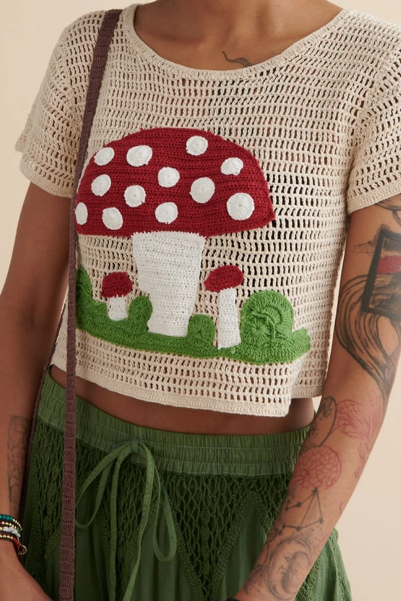 Shop Mushroom Crochet Cropped Shirt - boho Hippie Top Online