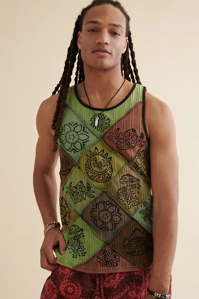 Green Mushroom Stamp Patchwork Tank