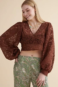 Buy Brown Lace Balloon Sleeve Shirt  Online at Earthbound Trading