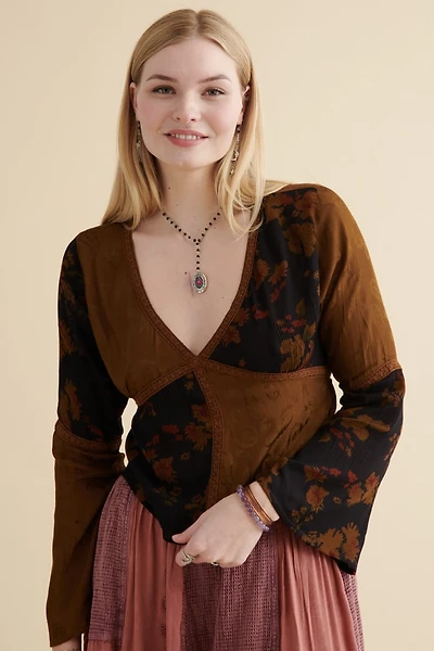 Brown Lace Overdyed Bell Sleeve Shirt