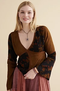 Buy Brown Lace Overdyed Bell Sleeve Shirt Online at Earthbound Trading