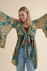 Buy Teal Sari Bell Sleeve Wrap Top Online at Earthbound Trading