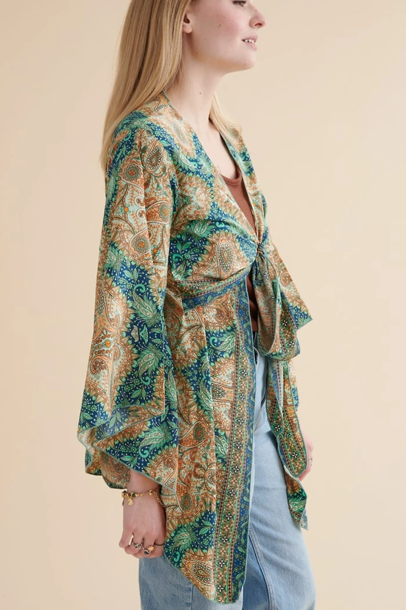 Buy Teal Sari Bell Sleeve Wrap Top Online at Earthbound Trading