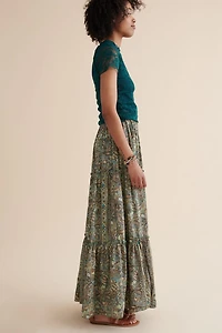 Buy Green Paisley Tiered Sari Maxi Skirt Online at Earthbound Trading