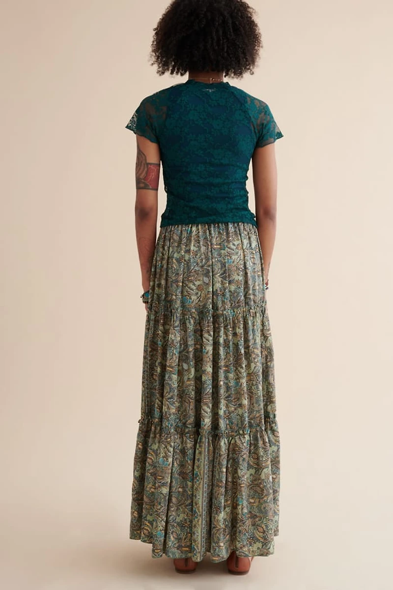Buy Green Paisley Tiered Sari Maxi Skirt Online at Earthbound Trading