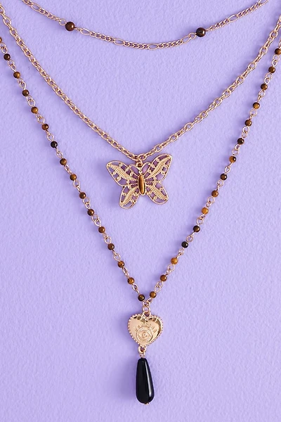 Mystic Heart Faux Stone Butterfly Layered Necklace