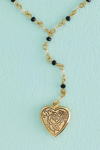 Gold Rose Heart Locket Lariat Necklace