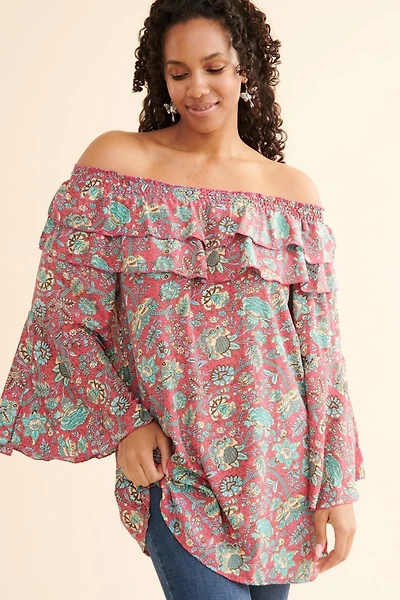 Magenta Sari Bell Sleeve Off Shoulder Tunic
