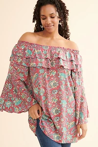 Buy Magenta Sari Bell Sleeve Off Shoulder Tunic  Online at Earthbound Trading
