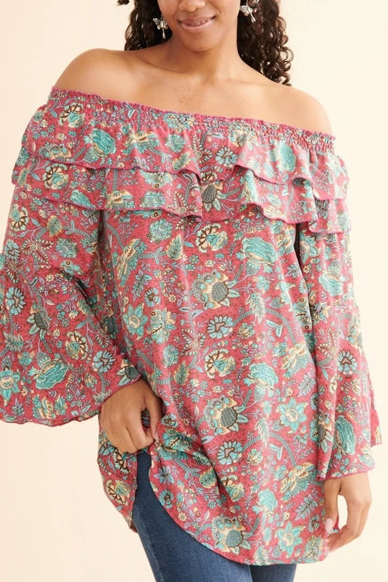 Magenta Sari Bell Sleeve Off Shoulder Tunic