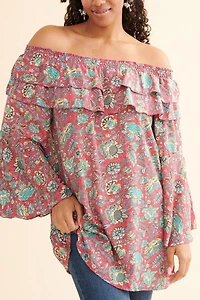 Magenta Sari Bell Sleeve Off Shoulder Tunic