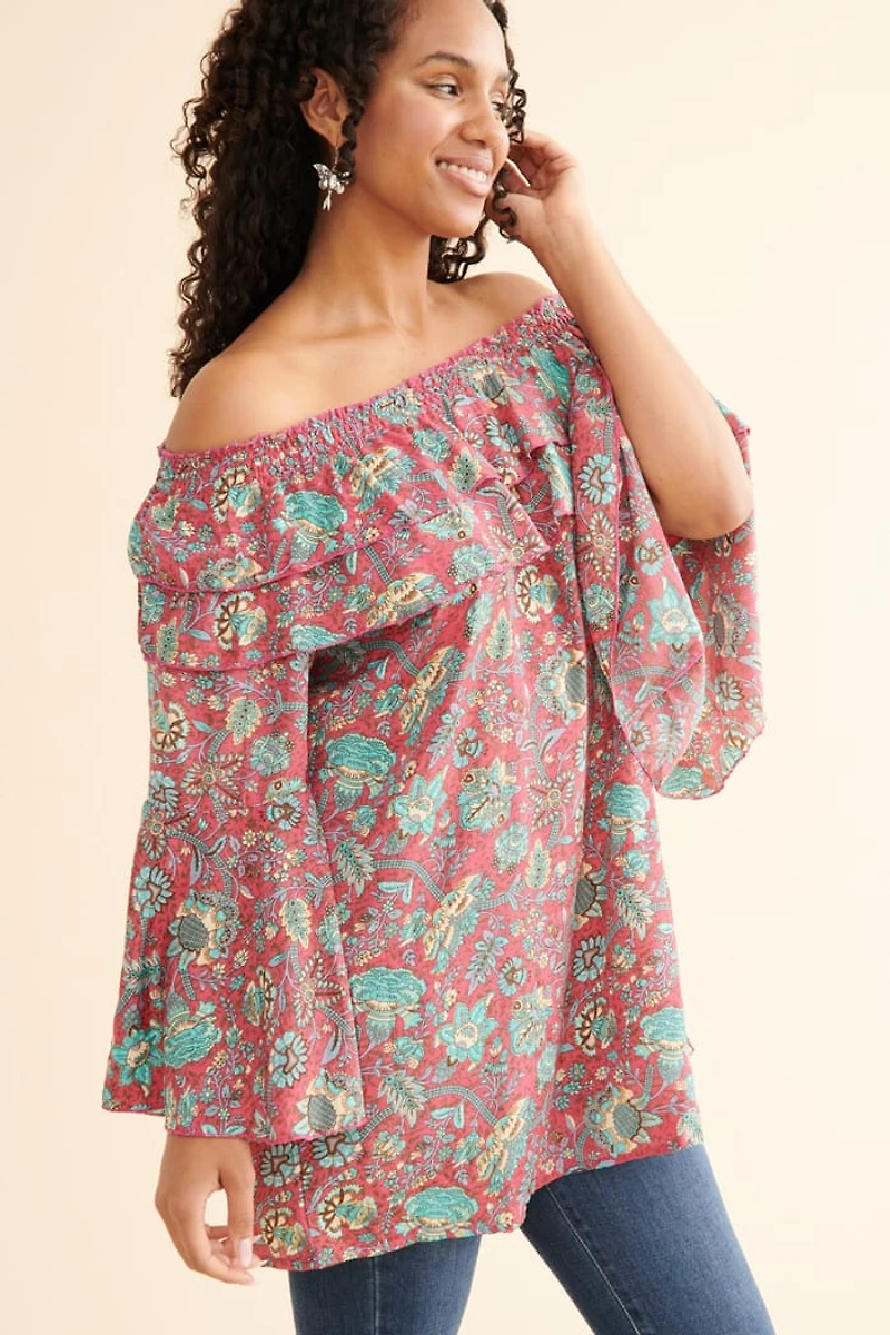 Buy Magenta Sari Bell Sleeve Off Shoulder Tunic  Online at Earthbound Trading