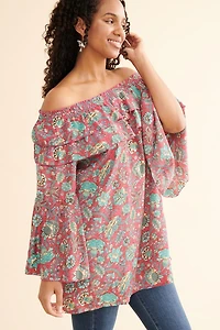 Buy Magenta Sari Bell Sleeve Off Shoulder Tunic  Online at Earthbound Trading