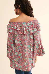 Buy Magenta Sari Bell Sleeve Off Shoulder Tunic  Online at Earthbound Trading