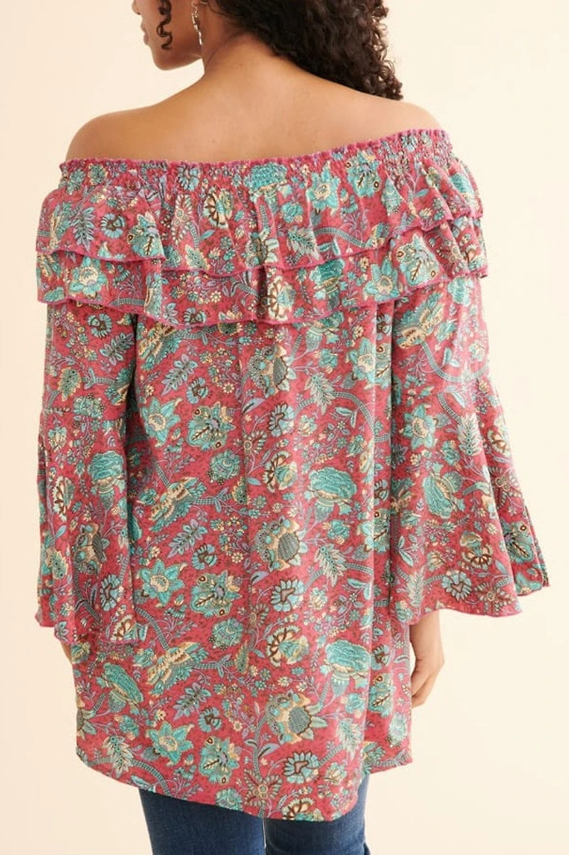 Magenta Sari Bell Sleeve Off Shoulder Tunic