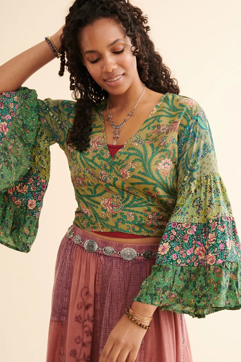 Buy Emerald Paisley Bell Sleeve Cropped Shirt Online at Earthbound Trading