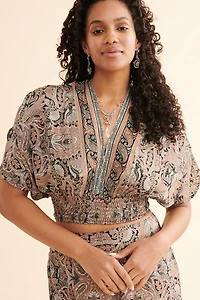 Buy Peach Paisley Short Sleeve Sari Cropped Top Online at Earthbound Trading