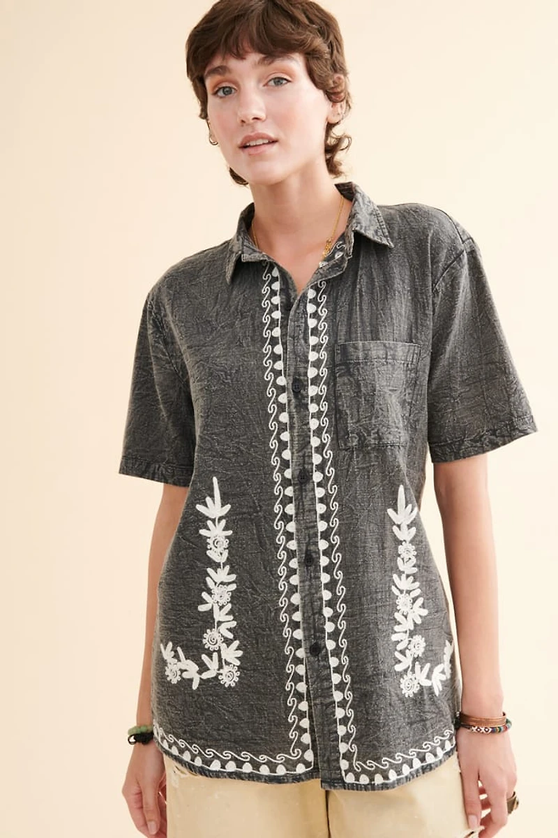 Buy Stone Grey Embroidered Camp Shirt Online at Earthbound Trading