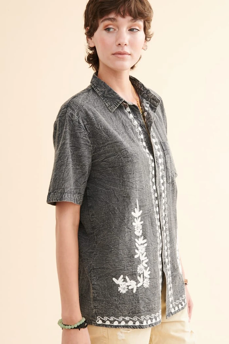 Buy Stone Grey Embroidered Camp Shirt Online at Earthbound Trading