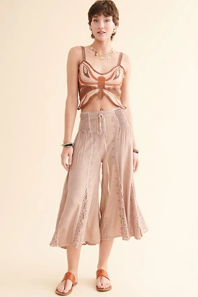 Brown Embroidered Cropped Gaucho Pants