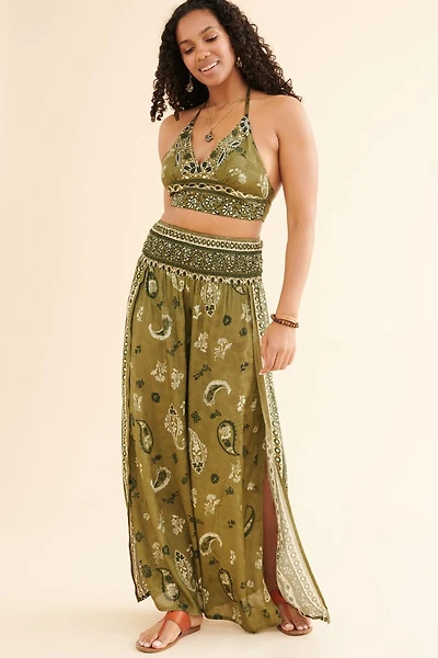 Green Paisley Sari Faux Wrap Pants