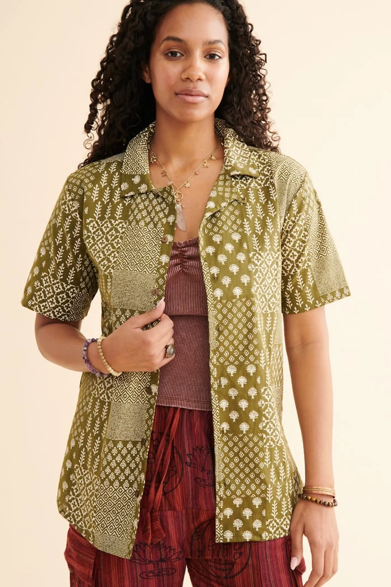 Buy Sage Patchwork Print Camp Shirt Online at Earthbound Trading