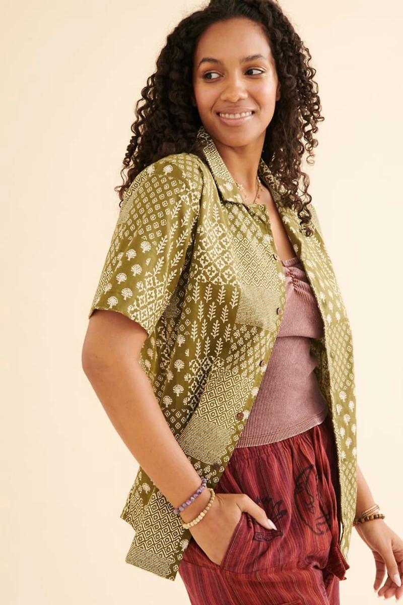 Buy Sage Patchwork Print Camp Shirt  Online at Earthbound Trading