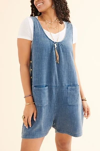 Blue Gauze Pocket Tank Romper