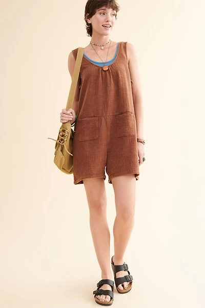 Brown Gauze Pocket Tank Romper