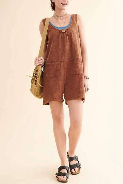 Brown Gauze Pocket Tank Romper