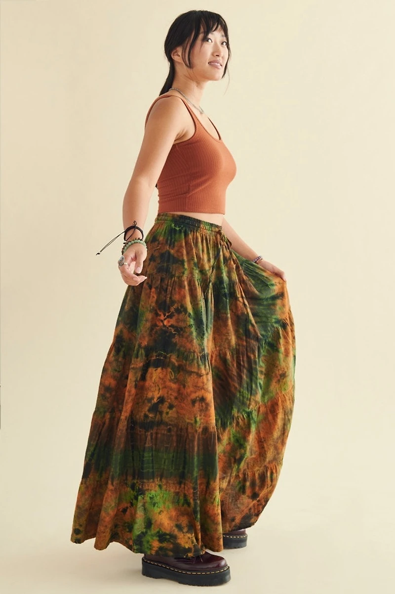 Buy Forest Tie Dye Tiered Maxi Skirt Online from Earthbound