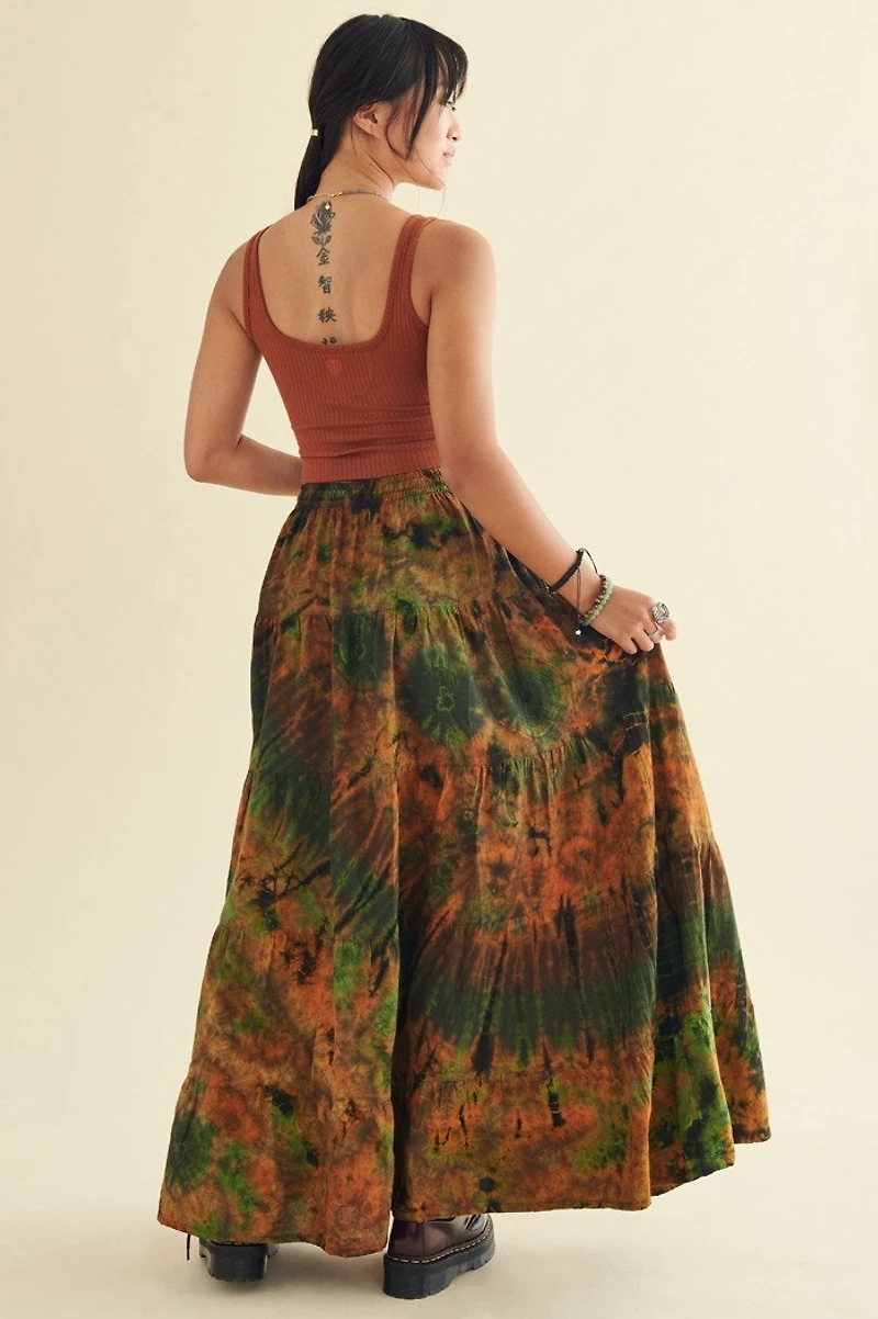 Buy Forest Tie Dye Tiered Maxi Skirt Online from Earthbound