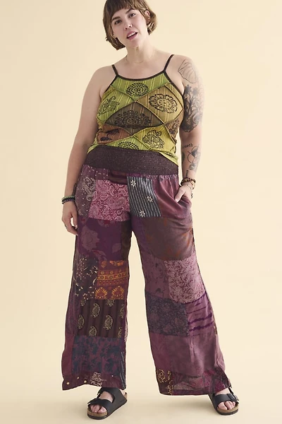 Buy Plum Overdyed Assorted Patchwork Straight Leg Pants Online from Earthbound