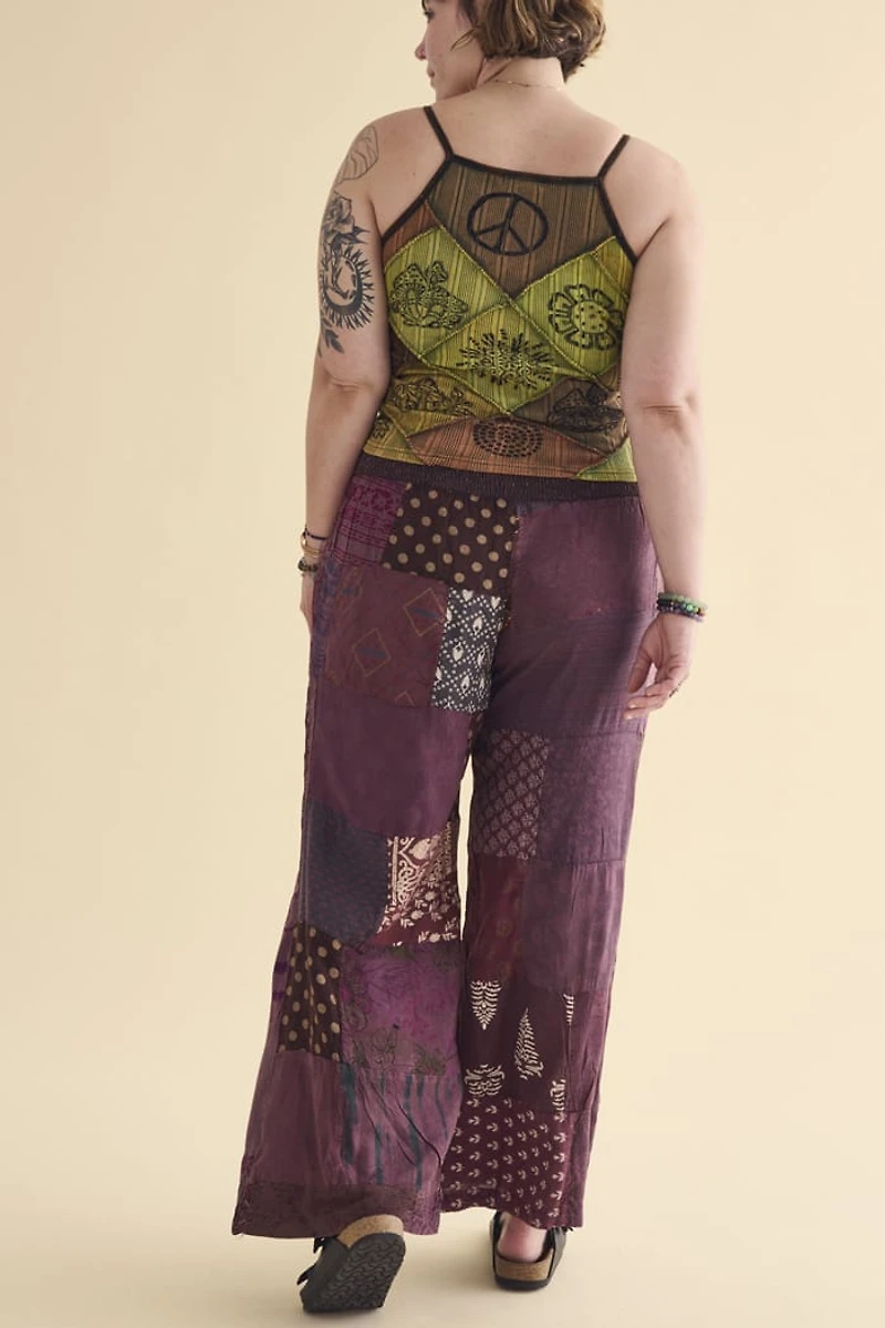 Buy Plum Overdyed Assorted Patchwork Straight Leg Pants Online from Earthbound