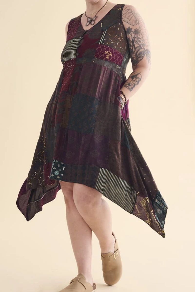 Buy Brown Button Overdyed Assorted Patchwork Dress Online from Earthbound