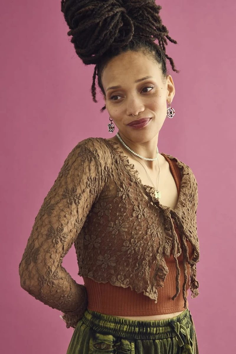 Brown Floral Lace Front Tie Shrug