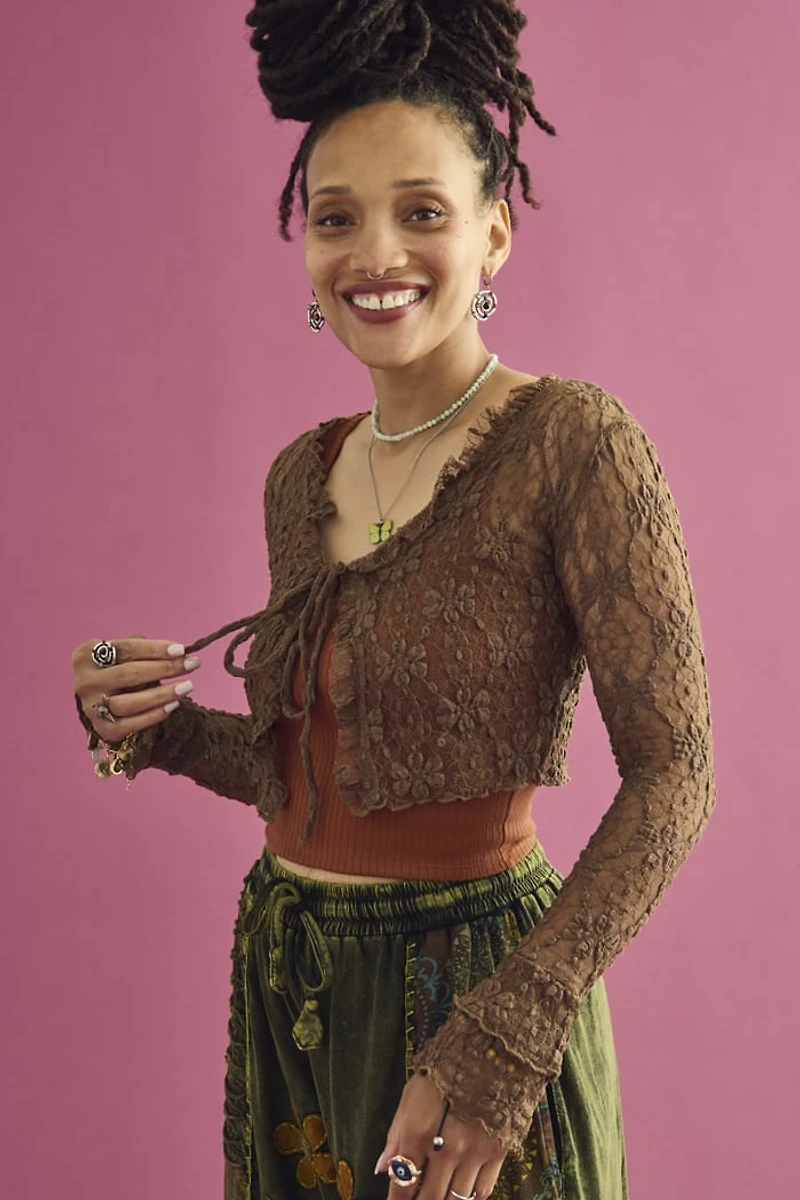 Brown Floral Lace Front Tie Shrug