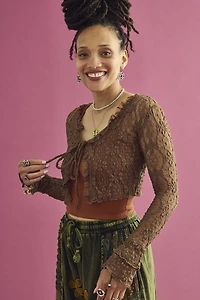 Brown Floral Lace Front Tie Shrug