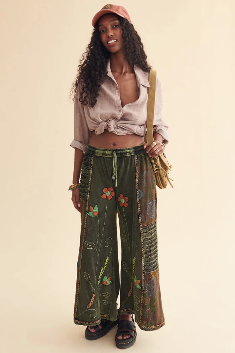 Buy Green Embroidered Flower Wide Leg Pants Online at Earthbound Trading