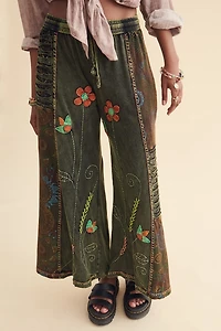Buy Green Embroidered Flower Wide Leg Pants  Online at Earthbound Trading