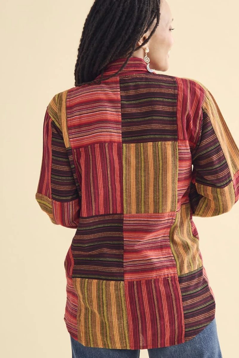 Buy Orange Striped Patchwork Button Shirt Online at Earthbound Trading